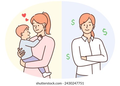 Successful businesswoman standing with arms folded near young loving mother with little baby in arms. Concept balance between family life with raising children and achieving success in career or work