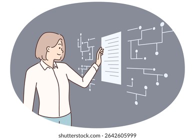 Successful businesswoman standing near digital touch screen looking at electronic documents and using innovative technologies. Woman uses touch innovative display working in it company - Powered by Shutterstock - Get 15% off with code: PIKWIZARD15