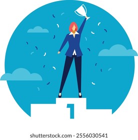 Successful businesswoman standing on the first place of the podium, holding up a trophy and celebrating victory under falling confetti with a blue sky and clouds in the background