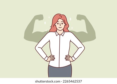 Successful businesswoman stands with hands on waist imagining giant muscular arms behind back. Businesswoman feels strength and leadership skills after gaining new knowledge or training for management