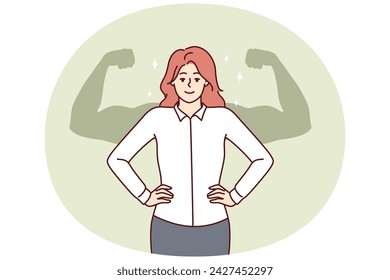 Successful businesswoman stands with hands on waist imagining giant muscular arms behind back. Businesswoman feels strength and leadership skills after gaining new knowledge or training for management