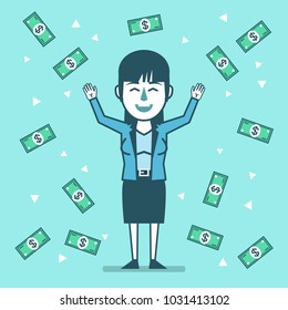 Successful businesswoman stands under the money rain. Lottery winner, win big cash prize. Simple style vector illustration