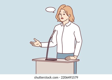 Successful Businesswoman Talk In Microphone At Business Conference Or Seminar. Confident Female Boss Or Leader Have Speech Or Presentation For Audience. Vector Illustration. 