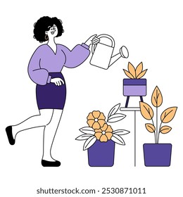 Successful businesswoman watering plants, symbolizing growth and nurturing in the corporate world. Self-care and work-life balance concept. Vector illustration.