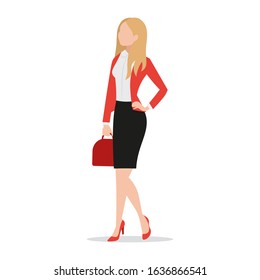 Successful businesswoman wearing black skirt and red blazer holding red handbag flat style icon isolated on white background, confident female executive standing, vector illustration