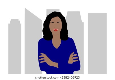  “SHOTLISTbanking”. Successful businesswoman who is smiling and standing with arms crossed in front of buildings. Portrait of a beautiful business woman.