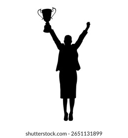 Successful businesswoman. Woman in suit holding trophy winner business success vector black silhouette.	