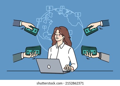 Successful businesswoman work online on computer get contracts around the world. Female freelancer get money or financial compensation for web job. Freelance. Vector illustration. 