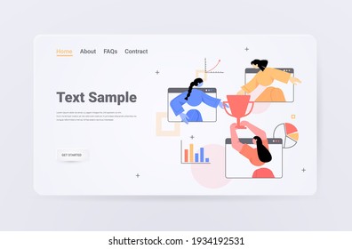 successful businesswomen in web browser windows holding trophy cup victory achievement concept horizontal copy space portrait vector illustration