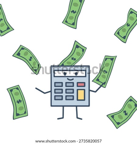 Successful Calculator Character with Falling Dollar Banknotes. Financial Prosperity and Money Rain Concept. Business Profit Celebration and Wealth Growth Vector Illustration.