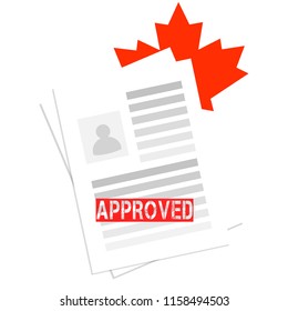 Successful Canadian document approved. Contract or white document with text, photo and Canada red maple leaf. Concept of government programs, application agreements or documents with photo