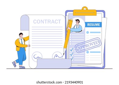 Successful candidate getting job with best resume, human resources management, found right profile of applicant concepts. Businessman out from CV papers and signing contract agreement with employer.