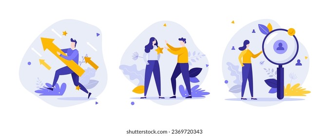 Successful career achievement flat concept vector illustrations set. Hiring talents for company development cartoon composition. Employee promotion strategy idea for website, mobile, presentation