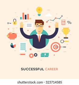 Successful career businessman. Flat design vector illustration.