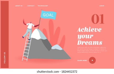 Successful Career, Leadership, Victory Landing Page Template. Business Man Character Climbing on High Mountain. Businessman Stand on Ladder, Set Up Goal Flag on Rock Peak. Cartoon Vector Illustration