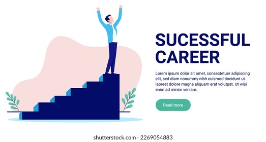 Successful career - Man climbing stairs to the top, celebrating and cheering with arms in air. Success and triumph concept, flat design vector illustration with copy space and white background