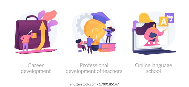 Successful career path abstract concept vector illustration set. Career development, professional development of teachers, online language school, job responsibility, conference abstract metaphor.