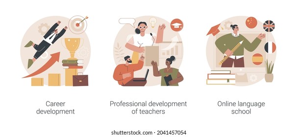Successful career path abstract concept vector illustration set. Career development, professional development of teachers, online language school, job responsibility, conference abstract metaphor.