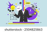 Successful career takeoff. Profitable investment, business concept. Art collage. Businessman sorounded with related icons. Vector illustration