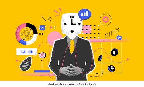 Successful career takeoff. Profitable investment, business concept. Art collage. Businessman sorounded with related icons. Vector illustration