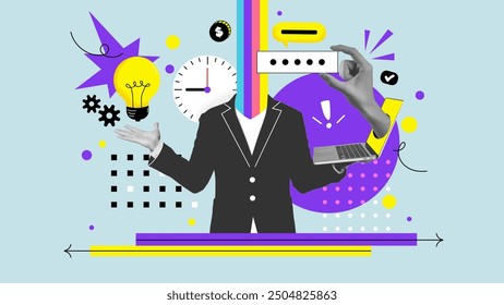 Successful career takeoff. Profitable investment, business concept. Art collage. Businessman sorounded with related icons. Vector illustration