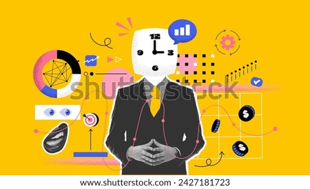 Successful career takeoff. Profitable investment, business concept. Art collage. Businessman sorounded with related icons. Vector illustration