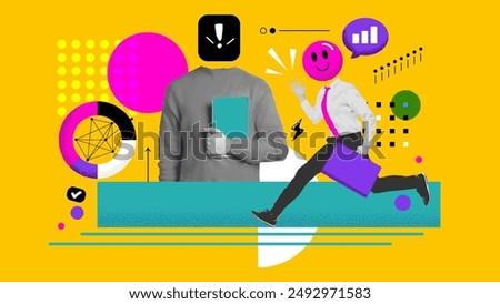 Successful career takeoff. Profitable investment, business concept. Art collage. Businessman sorunded with related icons. Vector illustration