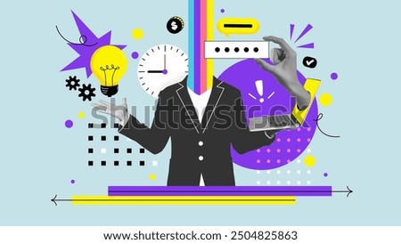 Successful career takeoff. Profitable investment, business concept. Art collage. Businessman sorounded with related icons. Vector illustration