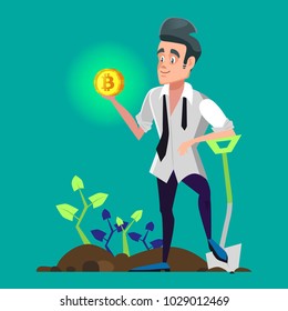 Successful Cartoon Bitcoin Miner Holding Golden Coin. Crypto Currency Market Concept. Vector Illustration