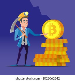 Successful Cartoon Bitcoin Miner with Pickaxe and Golden Coins. Crypto Currency Market Concept. Vector illustration