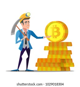 Successful Cartoon Bitcoin Miner with Pickaxe and Golden Coins. Crypto Currency Market Concept. Vector illustration