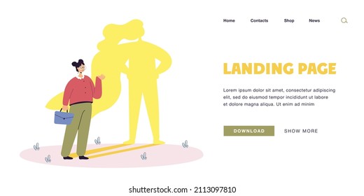 Successful cartoon woman with superhero shadow. Strong and brave female business leader flat vector illustration. Feminism, leadership, bravery concept for banner, website design or landing web page
