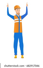 Successful caucasian builder in hard hat standing with raised arms up. Full length of young happy builder celebrating with raised arms up. Vector flat design illustration isolated on white background.