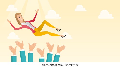 Successful caucasian business woman get thrown into the air by coworkers during celebration. Business woman during celebration of business success. Vector flat design illustration. Horizontal layout.