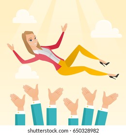Successful caucasian business woman get thrown into the air by coworkers during celebration. Young business woman during celebration of business success. Vector flat design illustration. Square layout