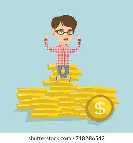 Successful caucasian business woman sitting on stack of golden coins. Young cheerful business woman sitting on a pile of golden coins with raised hands. Vector cartoon illustration. Square layout.