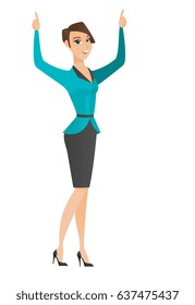 Successful caucasian business woman standing with raised arms up. Full length of young business woman celebrating with raised arms up. Vector flat design illustration isolated on white background.