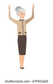 Successful caucasian business woman standing with raised arms up. Senior business woman celebrating success. Business success concept. Vector flat design illustration isolated on white background.