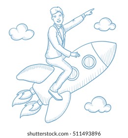 Successful caucasian businessman flying on the business start up rocket and pointing his forefinger up. Successful business start up concept. Hand drawn vector sketch illustration on white background.