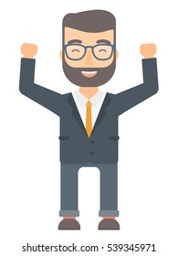 Successful caucasian businessman standing with raised arms up. Hipster businessman celebrating business success. Business success concept. Vector flat design illustration isolated on white background.