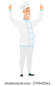 Successful caucasian chef cook standing with raised arms up. Successful happy chef cook giving thumbs up. Chef cook celebrating success. Vector flat design illustration isolated on white background.