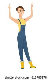 Successful caucasian farmer standing with raised arms up. Full length of young happy farmer in coveralls celebrating with raised arms up. Vector flat design illustration isolated on white background.