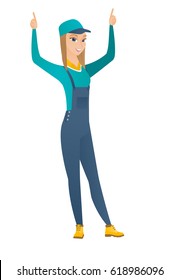 Successful caucasian mechanic standing with raised arms up. Full length of young happy female mechanic celebrating with raised arms up. Vector flat design illustration isolated on white background.