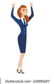 Successful caucasian stewardess standing with raised arms up. Young stewardess celebrating success. Successful stewardess giving thumbs up. Vector flat design illustration isolated on white background