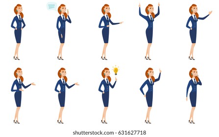 Successful caucasian stewardess standing with raised arms up. Full length of stewardess celebrating success with raised arms up. Set of vector flat design illustrations isolated on white background.