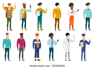 Successful caucasian traveler standing with raised arms up. Full length of young happy traveler celebrating with raised arms up. Set of vector flat design illustrations isolated on white background.