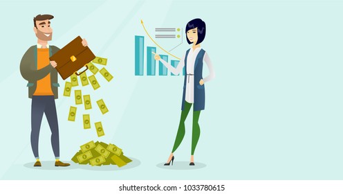 Successful caucasian white businessman shaking out money from briefcase and asian business woman pointing at growth profit graph. Profit growth concept. Vector cartoon illustration. Horizontal layout.