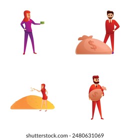 Successful character icons set cartoon vector. People with money bag and coin. Wealth, prosperity, profit