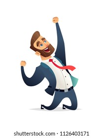 Successful charming businessman character celebrates victor. Business men rejoice in success