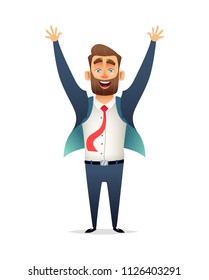 Successful charming businessman character celebrates victor. Business men rejoice in success